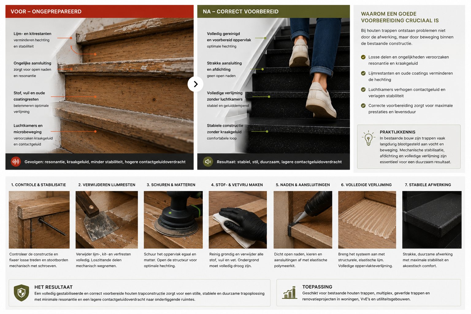 Houten trap voorbereiding — voor ongeprepareerd vs na correct voorbereid