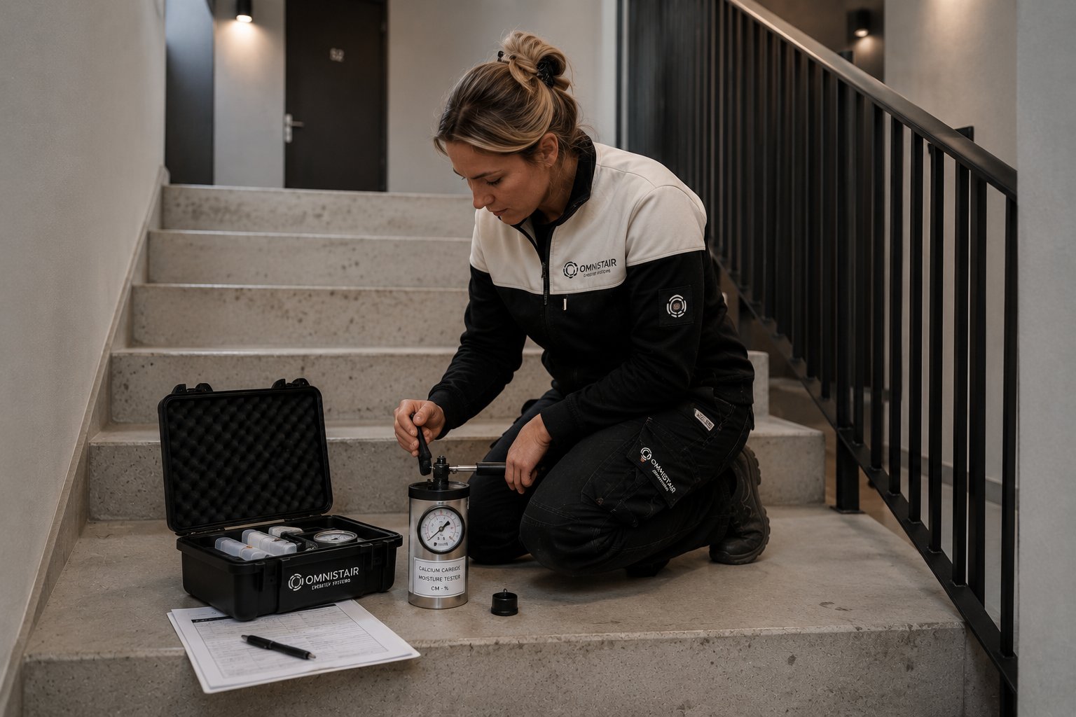 Omnistair installateur CM-meting calciumcarbide vochtmeting betonnen trap